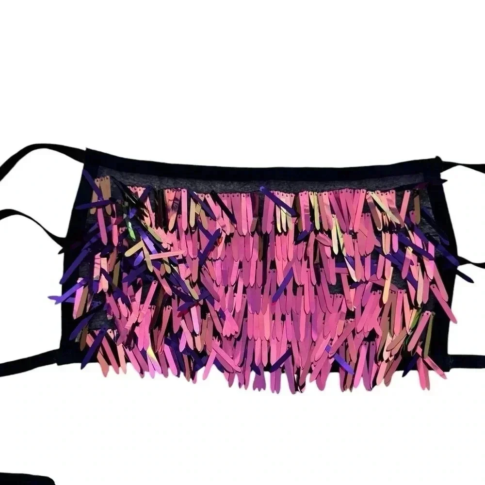 Purple Iridescent Sword Sequins Crop Top Dangling on Purple Mesh Fabric